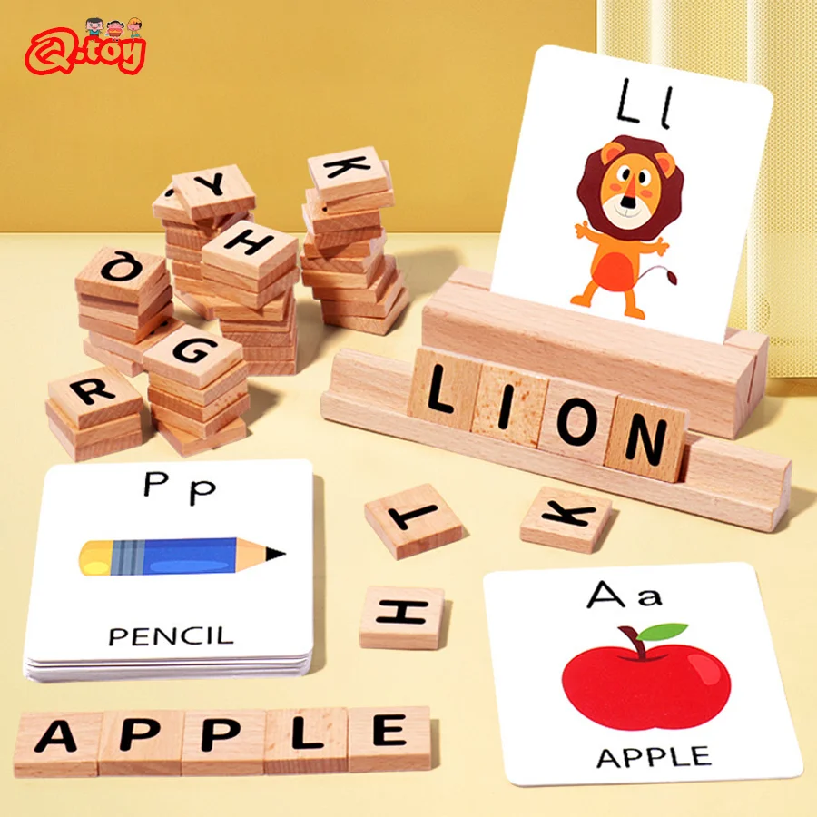 Ldren english spelling block game puzzle flash cards matching montessori early learning thumb200
