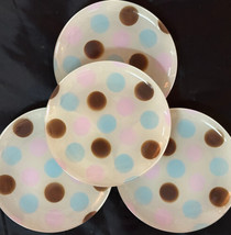 Polka Dotted Salad Dessert Plates Brown Pink Blue 1&quot; Dots Glass (4) 7.5&quot; - $37.00