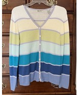 Vintage Lord &amp; Taylor Stripe Button Front Cardigan Women’s MEDIUM blue p... - £9.38 GBP