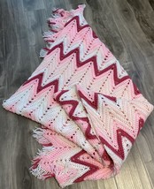 Vintage Crocheted Pinks &amp; WhiteChevron Afghan Zig Zag 72” X 39” W/Fringe - $26.68