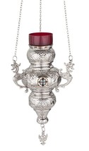 Hanging Vigil Oil Lamp Christian 9.5&quot; Nickel Plated Brass Enamel Details... - £78.78 GBP