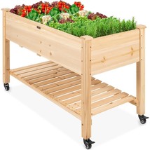 Solid Wood Locking Wheels Raised Mobile Garden Wood Planter Elevated Planter - £195.55 GBP