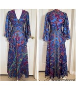 Etro Women Sz 40 Metallic Blue Paisley V-Neck Long Gown 100% Silk Flared... - $2,999.99