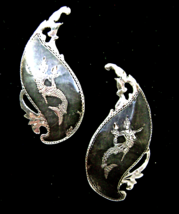 Vintage Siam Sterling Niello Mermaid Large Clip Earrings Signed MG - £20.75 GBP