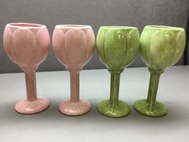 Set of 4 Pastel Ceramic Pedestal Egg Cups Pink and Green Tulip Shape 5&quot; Tall - £26.16 GBP