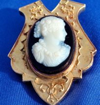 Victorian Memory Locket Brooch Antique 14k Gold Deco Hard Stone Onyx Cameo Pin - £1,932.35 GBP
