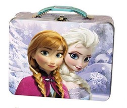 Disney&#39;s Frozen Anna and Elsa Embossed Carry All Tin Tote Lunchbox Purpl... - £10.60 GBP