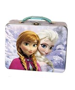 Disney&#39;s Frozen Anna and Elsa Embossed Carry All Tin Tote Lunchbox Purpl... - £10.60 GBP