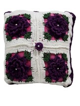 Granny Square Throw Pillow 3D Flower Crochet  Purple White  14” Square Handmade - £11.27 GBP