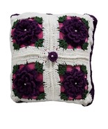 Granny Square Throw Pillow 3D Flower Crochet  Purple White  14” Square H... - $19.18 CAD