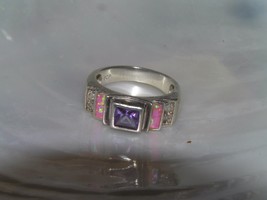 Estate 925 Marked Silver Band with Square Amethyst Stone &amp; Stair Step Sides w  - £18.22 GBP