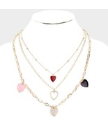 Triple Layered Gold Heart Pendants Necklace Chain Colorful Charm Fashion... - £19.61 GBP