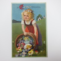Easter Postcard Girl Yellow Chicks Hatch Egg Flower Basket Embossed Anti... - $9.99