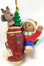 Teddy Bear Climbing Gold Bag Christmas Ornament 2000 Tree Club Plastic Vintage - £9.88 GBP