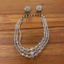 Vintage Aurora Borealis Crystal Bead Layered Necklace Set Matching Clip ... - $25.00
