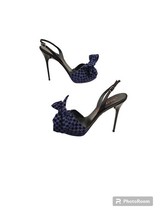 Bruno Frisoni Womens Stiletto Heel Navy Blue Checkered Velvet Bow Slingb... - $79.20