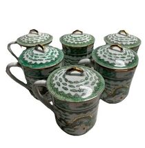 Chinese Hand Painted Tea Cups Set of 6 with 3 Lids Dragon Green - $33.24