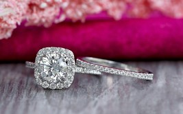 2.39Ct Round Cut Moissanite Halo Engagement Wedding Ring Set 14K White Gold - £219.92 GBP