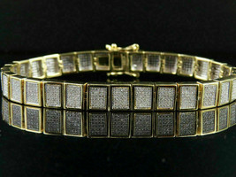 Men&#39;s 925 Silver Gold Plated 13CT  Simulated Diamond Iced Square Link Bracelet - £197.16 GBP