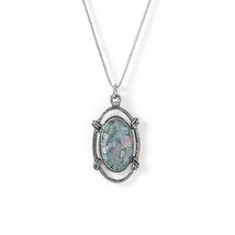 925 Sterling Silver Oxidized Rope Ancient Roman Glass Oval Pendant Necklace 18&quot; - £182.35 GBP