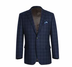 Men's Soft Wool Cashmere Sport Coat English Plaid Window Pane 556-11 Navy Blue  image 3