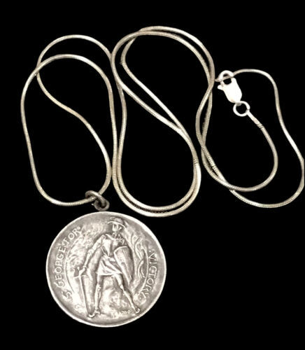 Primary image for antique Large sterling silver St George Soldier Boy medal 24” Chain 18 Grams