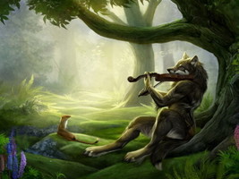 Wall Decor Fantasy She Wolf Playing Wiolin Painting Printed Canvas Giclee - £6.84 GBP+