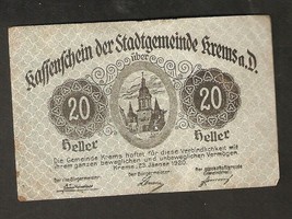 Austria Kassenschein d. Stadtgemeinde KREMS a.D. 20 heller 1920 Austrian Notgeld - £1.57 GBP