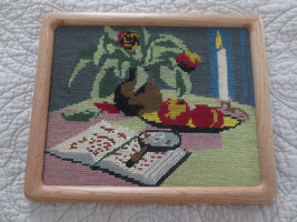 FRAMED Vase, Flowers, Candle, Fruit, Book, Magnifying Glass NEEDLEPOINT--9&quot;x 11&quot; - £7.99 GBP