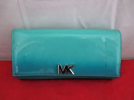Michael Kors Mott Large East West Patent Leather Clutch $228 Teal Blue   #3263 - £28.72 GBP