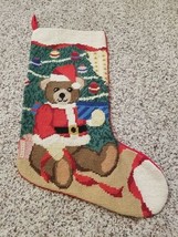 VTG Christmas Wool Stocking 15&quot; Needlepoint Handmade Santa Bear Tree Christmas - £22.15 GBP