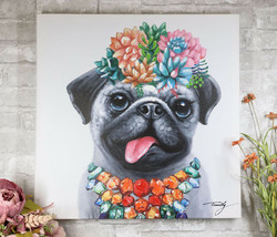 Colorful Hawaiian Pug Puppy With Flowers Canvas Wooden Picture Frame 20&quot;X20&quot; - £36.11 GBP