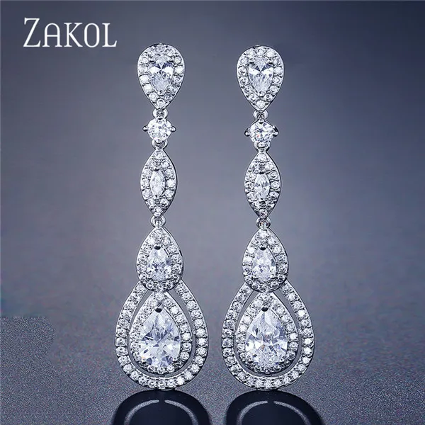 Luxury Water Drop Pear Cubic Zircon Long Dangles Elegant Earrings for Women Brid - £11.93 GBP