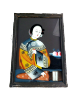 Large Vintage Chinese Reverse Painting on Glass Frame Japanese Lady Port... - $138.00