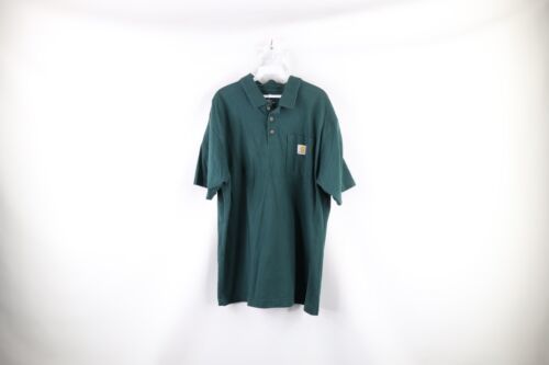 Primary image for Vtg Carhartt Mens Large Faded Spell Out Collared Pocket Polo Shirt Hunter Green