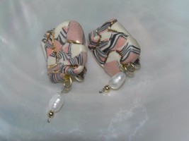 Handmade Pink Cream &amp; Black Striped Polymer Clay with Freshwater Pearl Dangle  - £8.35 GBP