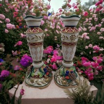 Pair Fitz and Floyd Classics Christmas Candle Stick Holder Pinecones Fruit READ  - £55.55 GBP