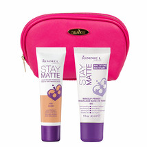 NEW Rimmel Stay Matte Foundation Sand and Primer with Pink Draizee Cosmetic Bag - $16.15