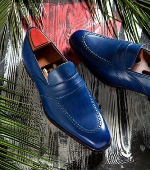 New Handmade Men blue color leather Shoes, Men blue formal shoes, leather moccas