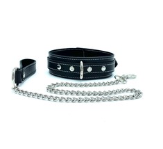 BDSM Black Leather &amp; White Stitching Tango Collar &amp; Leash Set Silver Har... - £82.59 GBP