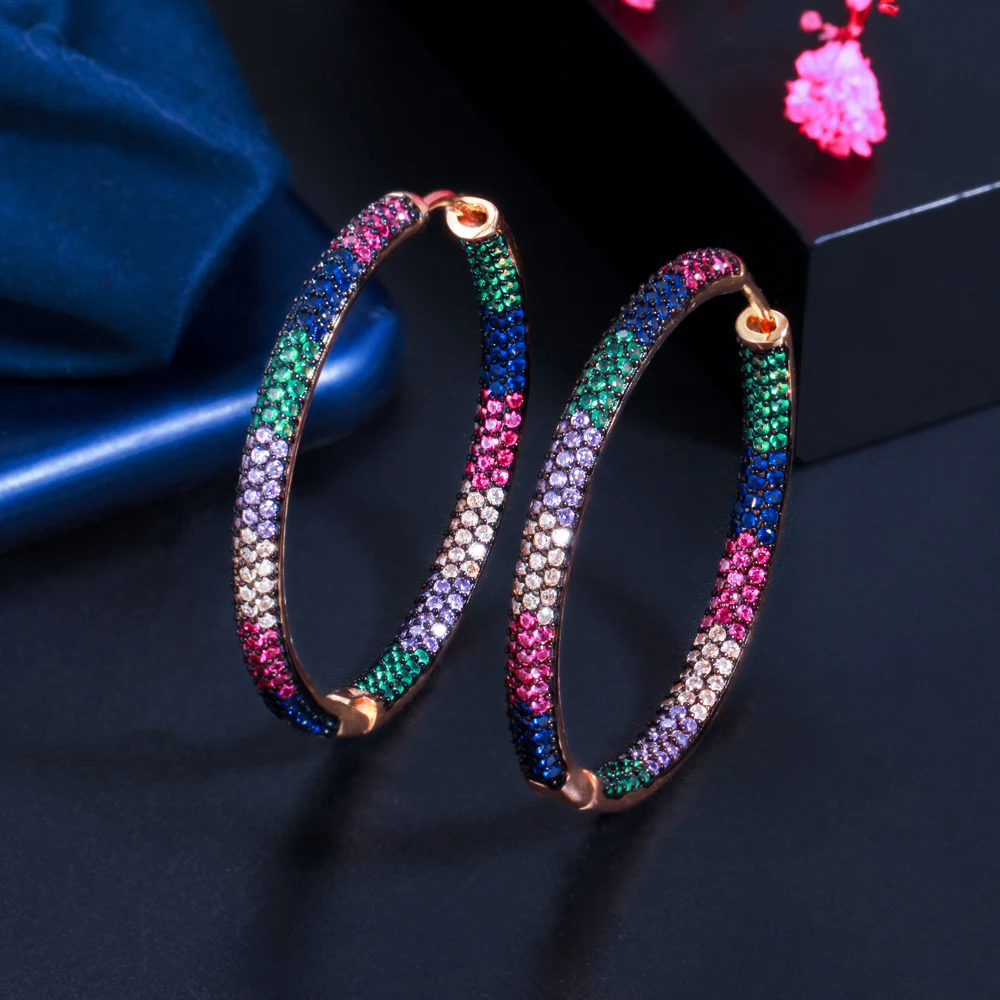 Trendy Two Tones Rainbow Cubic Zirconia Circle Round Hoop Earrings for Women Jew - £19.18 GBP