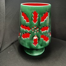 Hurricane Red Green Ceramic Candle Holder Poinsettia Cutout Christmas Vintage - £16.66 GBP