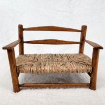 Wooden Doll Bench Rush Woven Seat Settee Love Seat Primitive Vintage Han... - $21.57