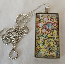 Yellow Red Blue Floral 1” X 2” Floral Necklace  Silver 24” Ball Chain Ha... - £6.36 GBP