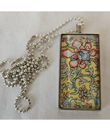 Yellow Red Blue Floral 1” X 2” Floral Necklace  Silver 24” Ball Chain Ha... - £6.26 GBP