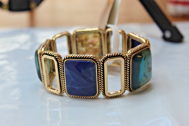 Gold Tone Square Panel Stretch Bracelet Blues Greens Yellows New - $16.90
