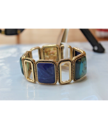 Gold Tone Square Panel Stretch Bracelet Blues Greens Yellows New - $303.41 MXN
