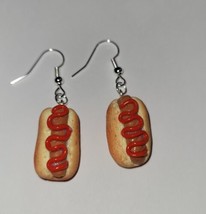 Hot Dog Earrings Silver Wire Ketchup Charm Hot Dog - $8.50