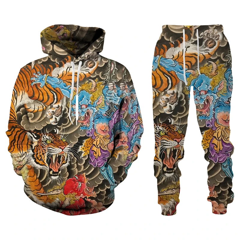Harajuku 3D Tiger Printed Men Hoodies Pants Casual Hooded Sweatshirt Sweatpants  - £169.15 GBP