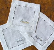 Sferra CELEBRATE Embroidered Cocktail Napkins 6x6" Hemstitched Linen SET... - $29.90